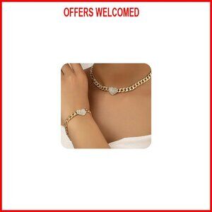 Cubic Zirconia Heart Necklace Bracelet Set Gold Cuban Link Jewelry